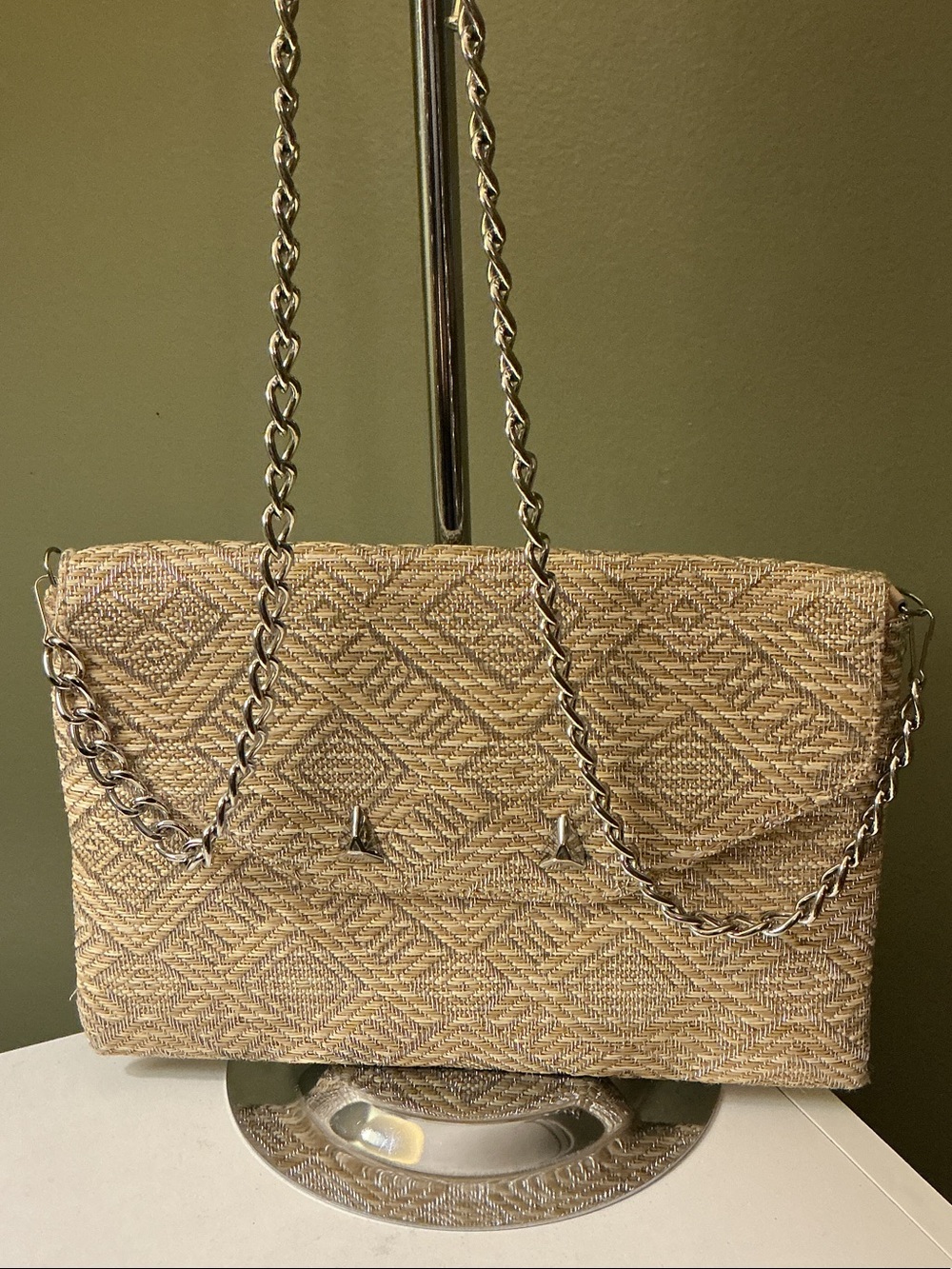 Stella & Dot Natural Woven Straw Shoulder Crossbody Bag with Silver Chain Strap